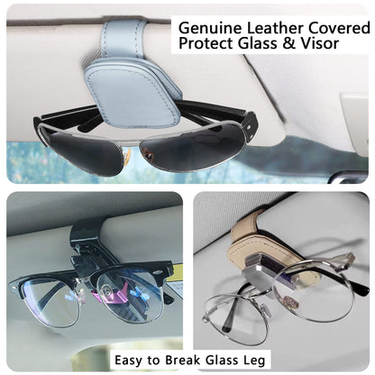 2 Packs Sunglasses Holder for Car Visor, Genuine Leather Car Sunglass Holder, Glasses Clip for Cars,Auto Interior Accessories Universal for SUV Pickup Truck (Black-(2 Pcs)