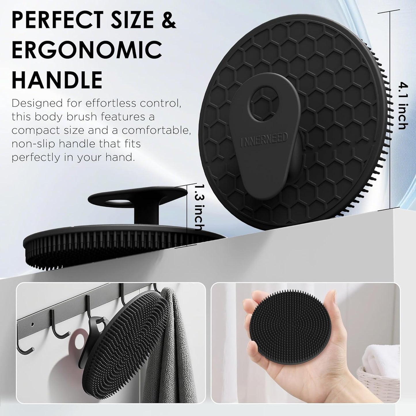 INNERNEED Duschbürste aus weichem Silikon in Lebensmittelqualität, Hand-Körperbürste zur Hautreinigung, sanftes Peeling, gute Schaumbildung (Schwarz)