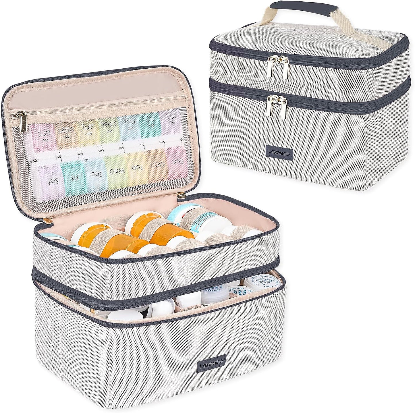 Lexeeco Medicine Bag for Traveling, Dual Layers Medicine Pill Organizer Medication Pill Bottle Storage with Lockable Zipper, Medical Supplies First Aid Kit,Home Storage for Pills, Vitamins (Dark Grey)