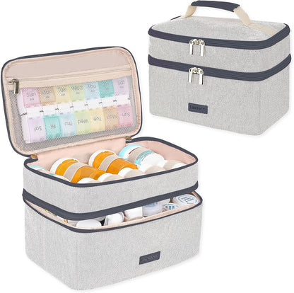Lexeeco Medicine Bag for Traveling, Dual Layers Medicine Pill Organizer Medication Pill Bottle Storage with Lockable Zipper, Medical Supplies First Aid Kit,Home Storage for Pills, Vitamins (Dark Grey)
