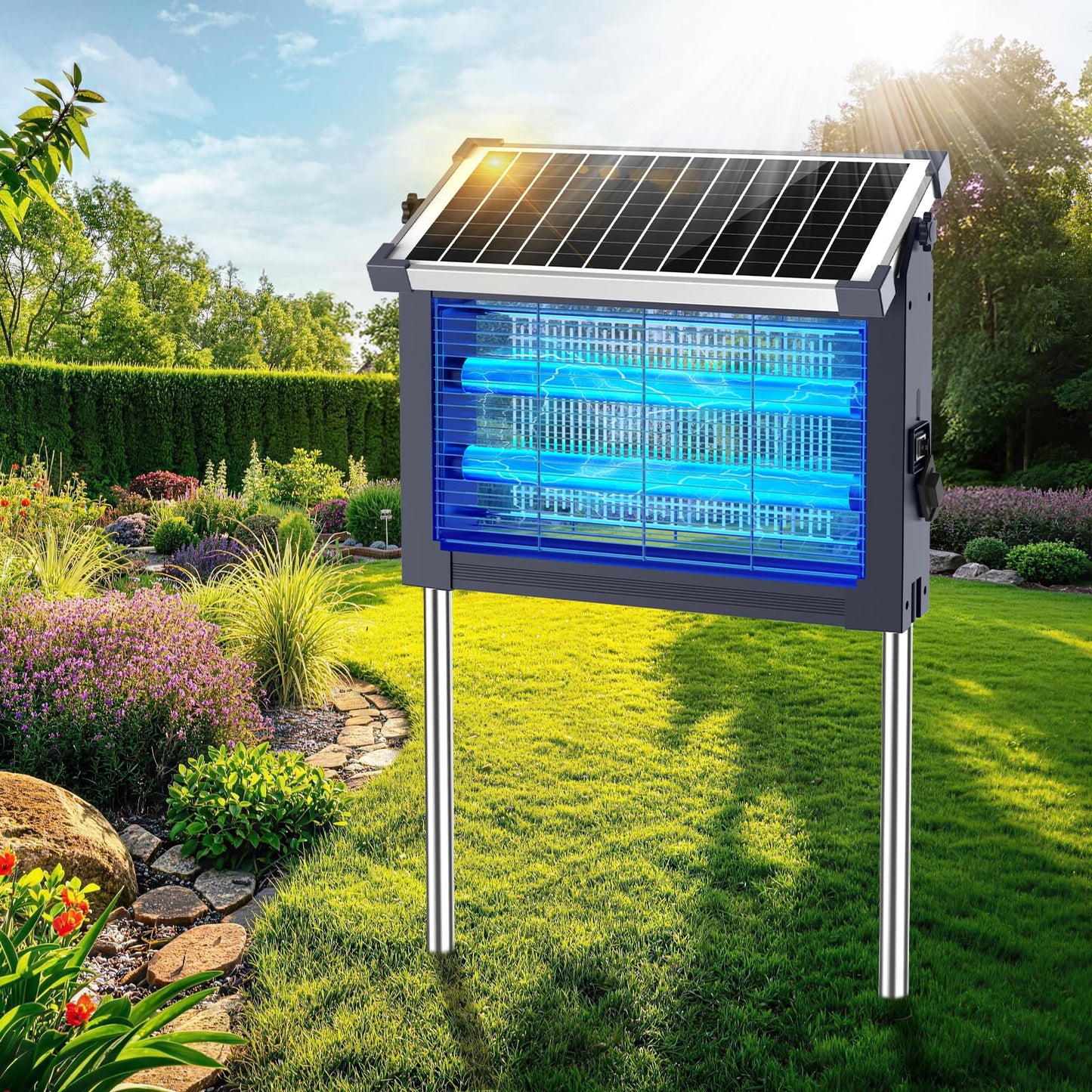 Solar Bug Zapper Outdoor, Waterproof Mosquito Zapper Outdoor Solar Powered, 4500V Electric Bug Zapper Indoor w/Smart Light Sensor, Mosquito Trap Fly Zapper for Patio Kitchen Garage Yard Camping