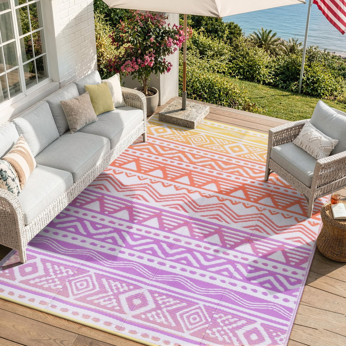 Lahome Outdoor Rugs 8x10 Waterproof, Reversible Outdoor Plastic Straw Rug for Camping Patio, RV Outdoor Rugs Outside, Outdoor Carpet for Porch Deck Backyard Picnic(Blue/Yellow,8'x 10')