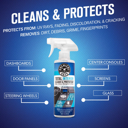 Chemical Guys Total Interior Cleaner & Protectant Interior Cleaner, Cleans & Protects Leather, Vinyl, Plastic, Rubber, Glass with a Streak-Free Finish — Cars, Trucks, SUVs, RVs, 16 oz