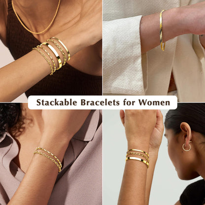 Goldarmbänder für Frauen Stapel Nicht Anlaufen, 14K Vergoldete Stapelbare Armbänder Set für Frauen Trendy, Wasserdicht Einfacher Schmuck Sets Geschenke Inklusive Perlen-/Kuban-/Büroklammer-/Fischgräten-/Seilglieder-Kette, Modeaccessoires