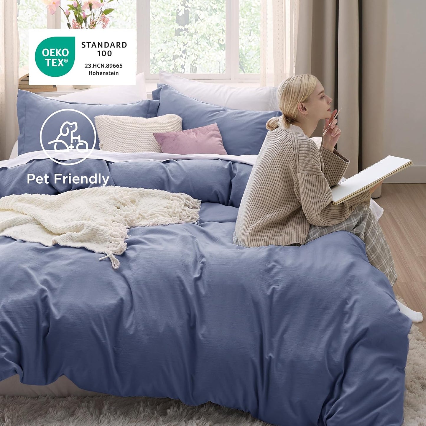 Funda nórdica blanca Bedsure, tamaño Queen, 3 piezas, aspecto de algodón prelavado, juego de cama extrasuave, incluye 1 funda nórdica de 228 x 228 cm con cierre de cremallera y 2 fundas de almohada, edredón no incluido