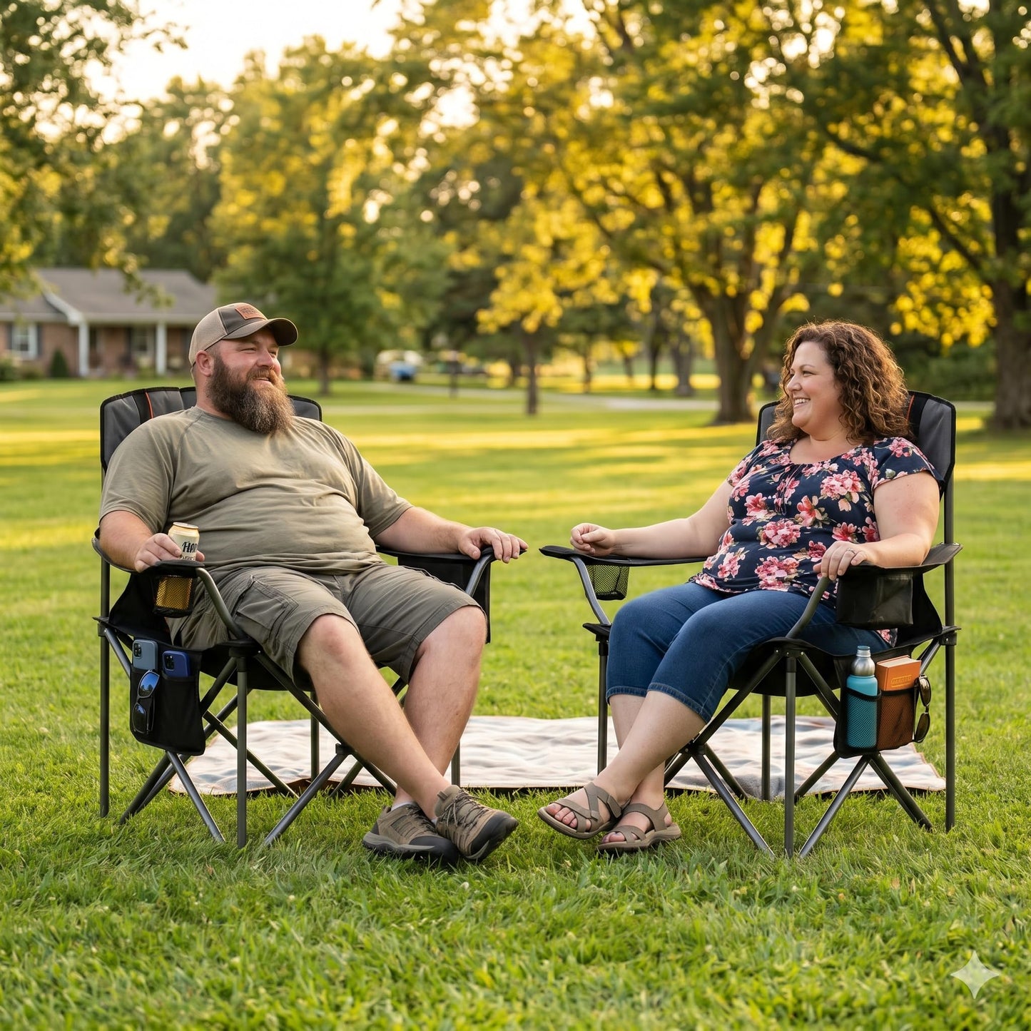 FAIR WIND Padded Camping Chair 500LBS Capacity Heavy Duty Oversized Folding Chair for Heavy People Portable Lawn Chair with Adjustable Lumbar Support, Cooler Bag & Cup Holder for Outdoor, Beach