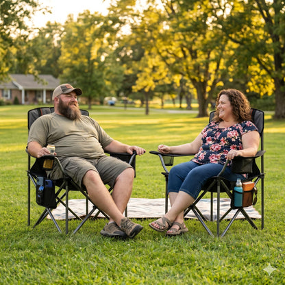 FAIR WIND Padded Camping Chair 500LBS Capacity Heavy Duty Oversized Folding Chair for Heavy People Portable Lawn Chair with Adjustable Lumbar Support, Cooler Bag & Cup Holder for Outdoor, Beach