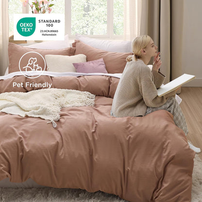 Funda nórdica blanca Bedsure, tamaño Queen, 3 piezas, aspecto de algodón prelavado, juego de cama extrasuave, incluye 1 funda nórdica de 228 x 228 cm con cierre de cremallera y 2 fundas de almohada, edredón no incluido