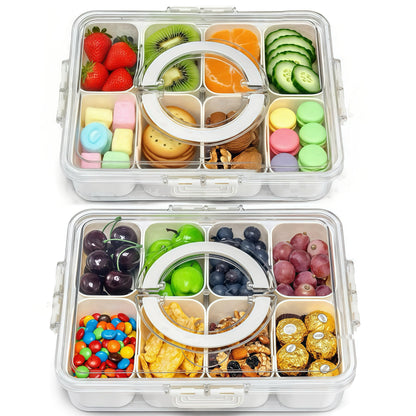 2 Pack Snackle Box –Air Tight Snack Containers with Divided, Lids&Handle –Clear Serving Tray for Fruits, Candy, Nuts –Portable for Travel, Parties, Daily Use (8 Containers Dishwasher Safe)