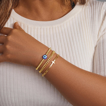 Goldarmbänder für Frauen Stapel Nicht Anlaufen, 14K Vergoldete Stapelbare Armbänder Set für Frauen Trendy, Wasserdicht Einfacher Schmuck Sets Geschenke Inklusive Perlen-/Kuban-/Büroklammer-/Fischgräten-/Seilglieder-Kette, Modeaccessoires