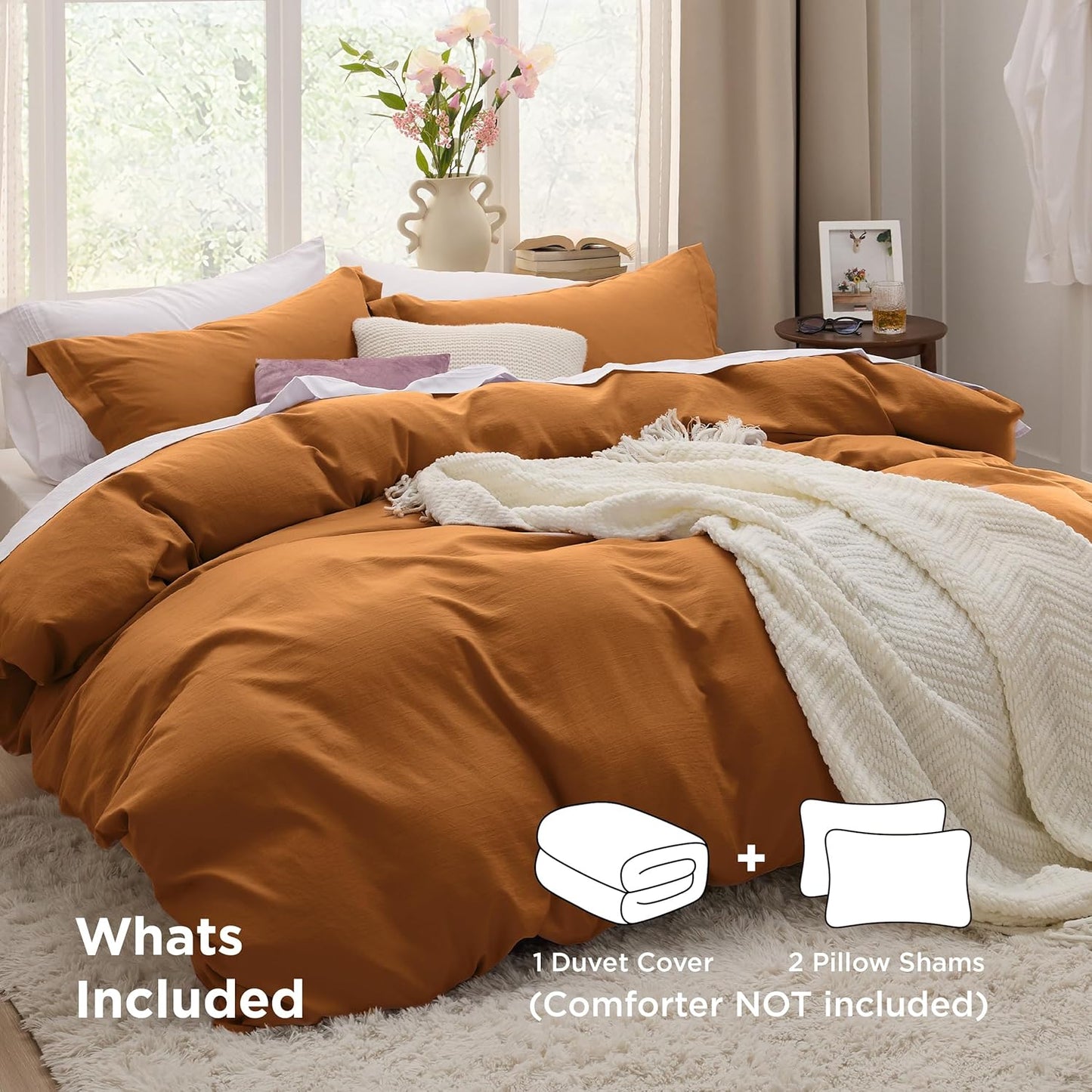 Funda nórdica blanca Bedsure, tamaño Queen, 3 piezas, aspecto de algodón prelavado, juego de cama extrasuave, incluye 1 funda nórdica de 228 x 228 cm con cierre de cremallera y 2 fundas de almohada, edredón no incluido