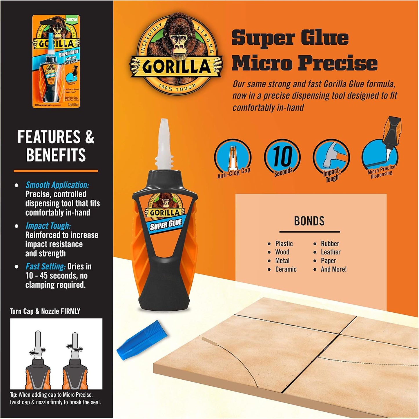 Gorilla Micro Präzisions Sekundenkleber, Schnell trocknend, Cyanacrylat, Präziser Applikator, Anti-Verstopfungs-Kappe, Transparent, 5g, 1 Stück