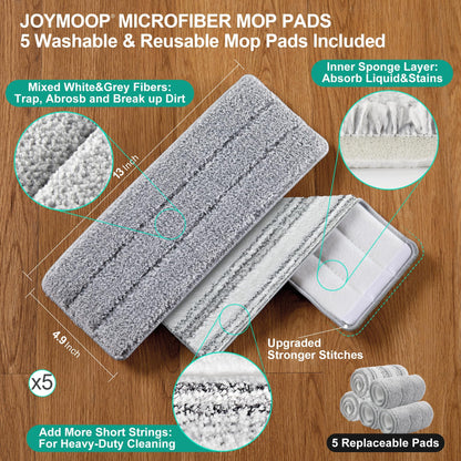 JOYMOOP Wischmopp und Eimer mit Auswringsystem, Freihand-Flachmopp und Eimer, mit 3 waschbaren Mikrofaserpads, Nass- und Trockengebrauch, Bodenreinigungssystem