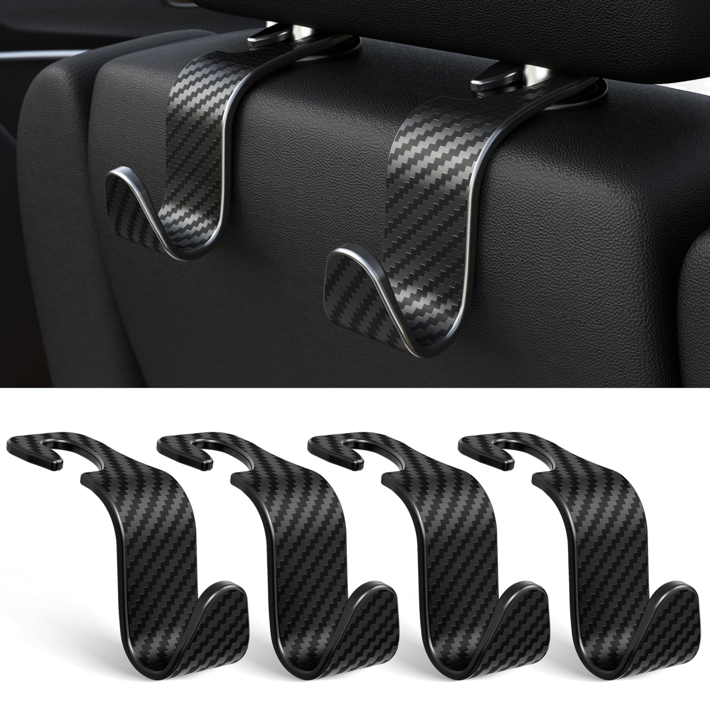 Amooca 4-Pack Car Headrest Hooks Vehicle Storage Organizer for Purses Handbags Groceries Backpack Coats –Holds 55lbs 360° Rotating Black