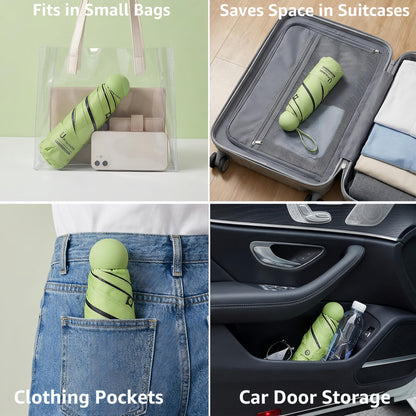 BAODINI Reiseutensilien Mini-Regenschirm für die Handtasche mit Etui Klein Kompakt UV-Sonnenschutz Leicht Winzig Tasche Manuelles Öffnen und Schließen Regenschirm für Damen, Kinder und Herren Passt in Handtasche Rucksack