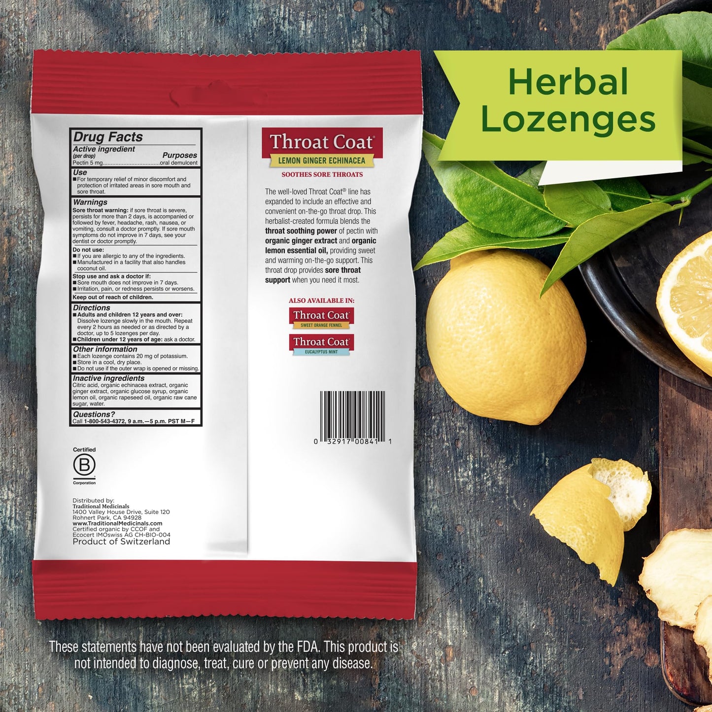 Traditional Medicinals Organic, Throat Coat Lozenges, Lemon Ginger Echinacea - Herbal Cough Drops, Helps Soothe Sore Throat - Non-GMO, Stimulant-Free - 16 Count (Pack of 12)