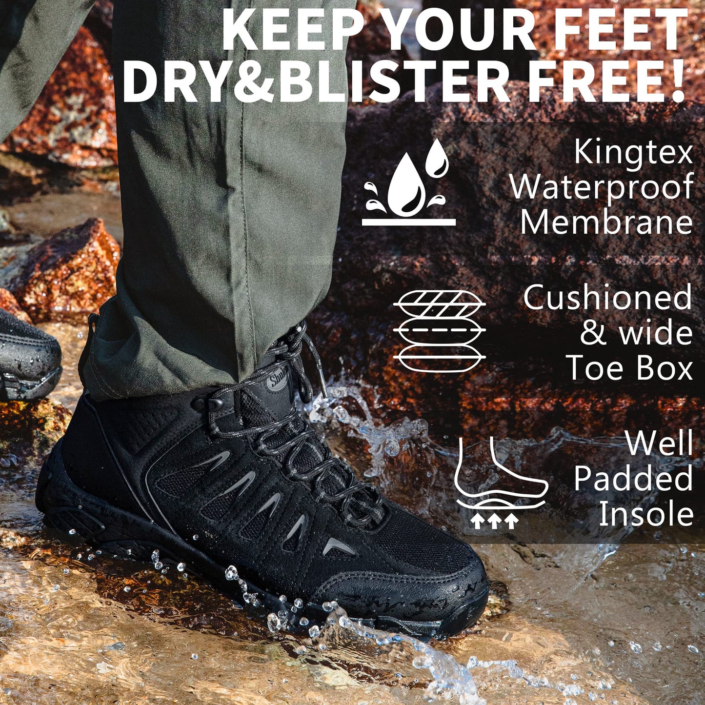 SHULOOK Men's Waterproof Hiking Boots Non-Slip Lightweight Mid Top Ankle Boot Breathable Hiker Trekking Shoes