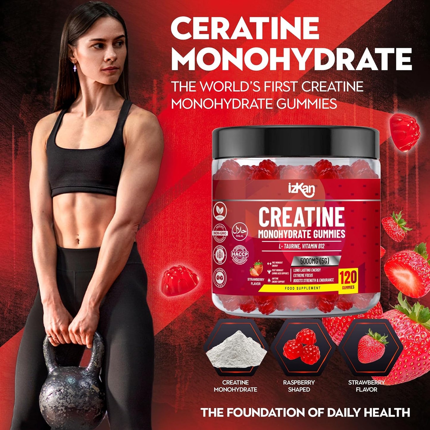 Pro Creatine Monohydrate Gummies 5g for Men & Women - 120 Chewable Creatine Gummies Strawberry Flavoured Gym Pre Workout Gym Supplement Vegan (2)