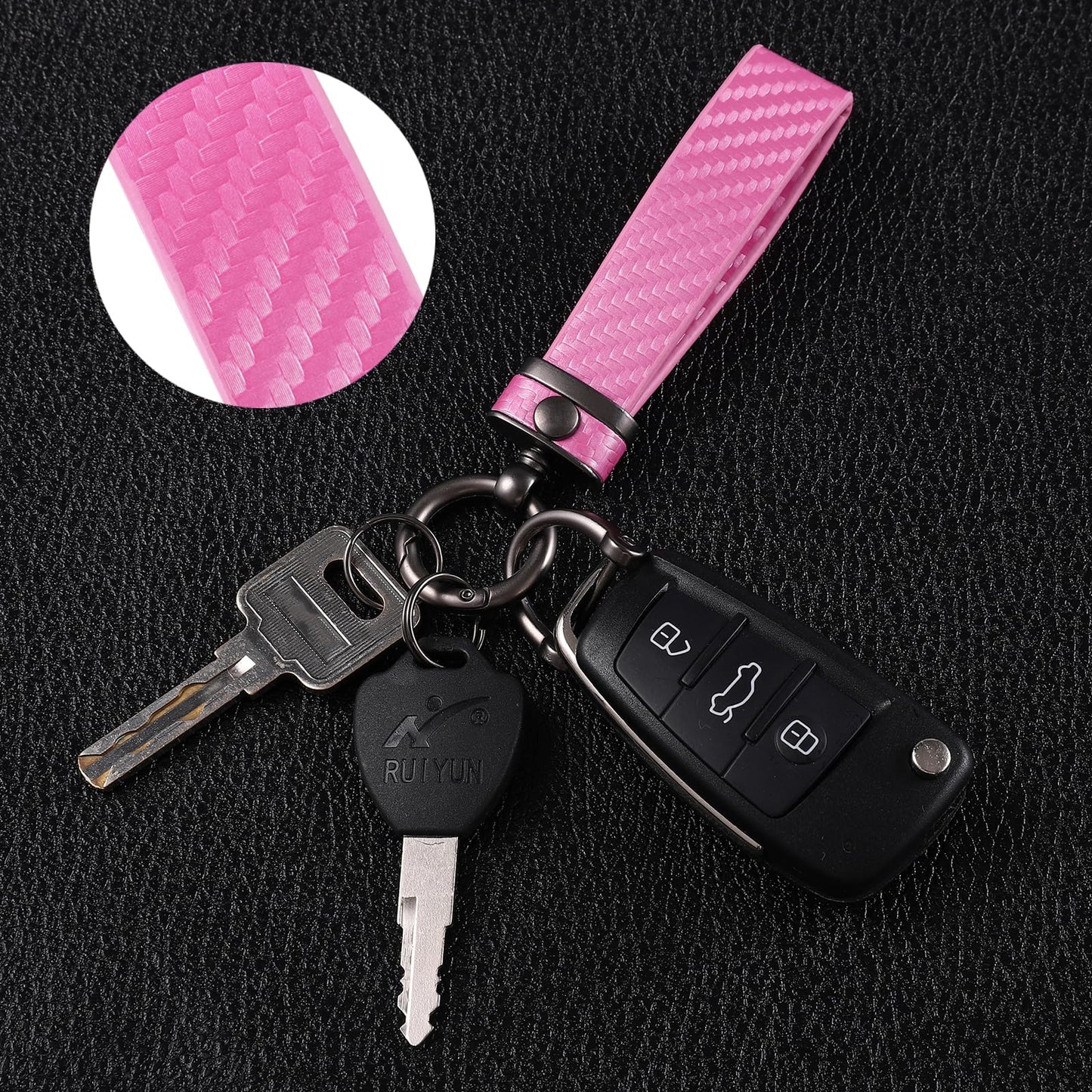 DEKEWEI Carbon Fiber Style Auto-Schlüsselanhänger aus Mikrofaser-Leder, universelle Schlüsselanhänger für Schlüssel-Fobs für Männer und Frauen, 360 Grad drehbar mit Anti-Verlust-D-Ring (Schwarz)