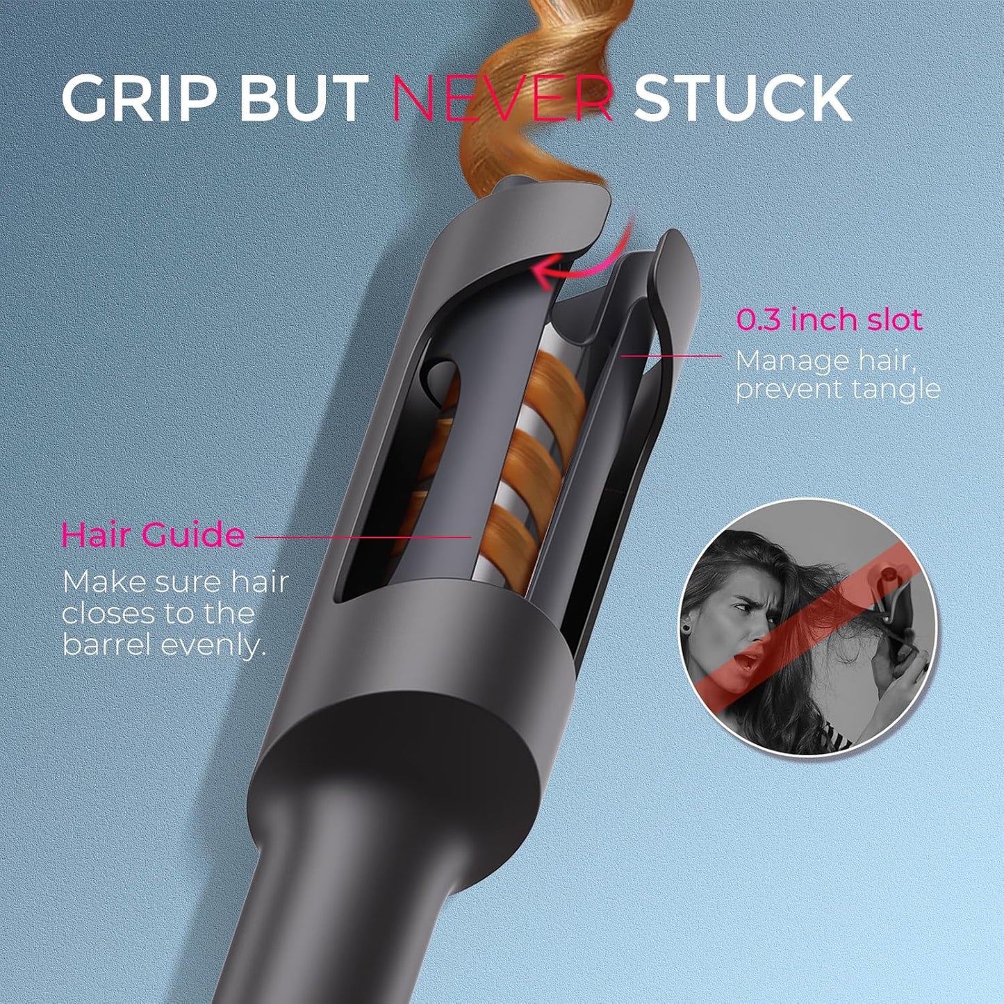 TYMO CURLPRO Automatic Rotating Curling Iron - Beach Waves Curling Wand, Portable Hair Curler, 500 Million Ionic, Dual Voltage & Lightweight for Travel, Ceramic Coating, Metallic Gray 1 inch