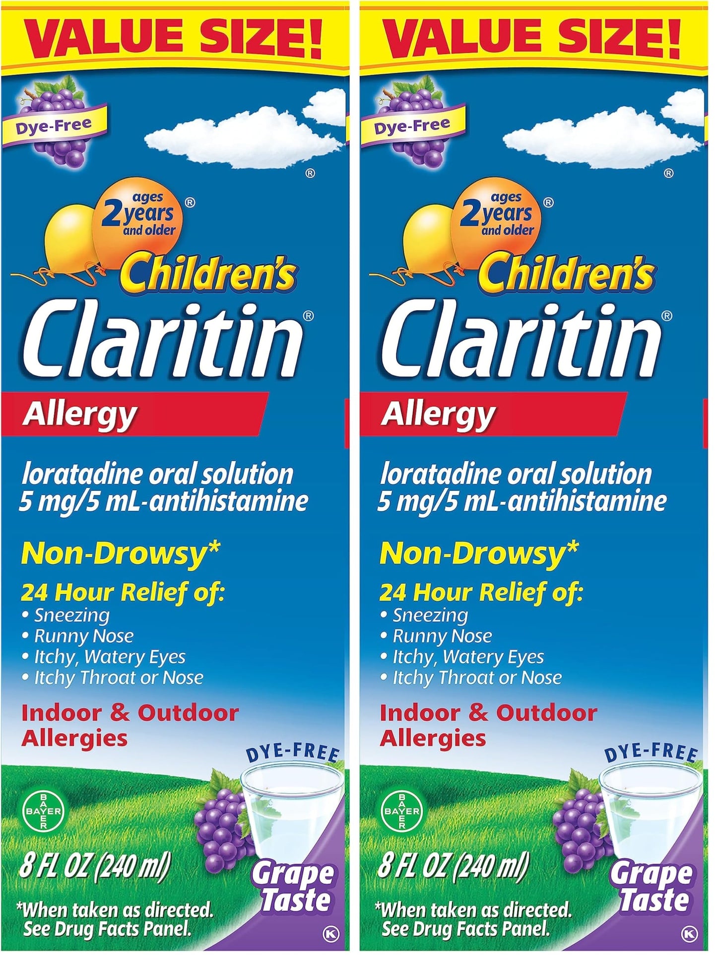 Claritin Children's Allergy Medicine,24-Hour Non-Drowsy Loratadine 5mg,Antihistamine Liquid for Kids Aged 2 Years and Older,Grape Flavored,8 fl oz.,(Pack of 2)