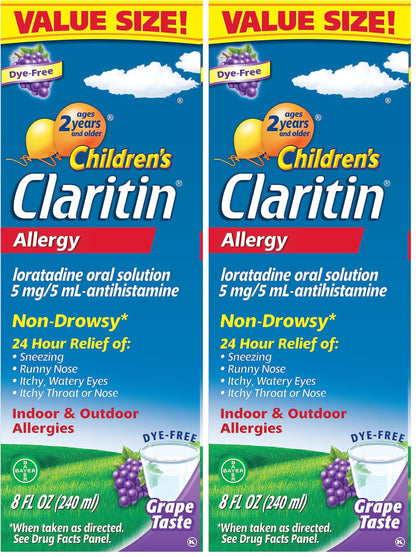 Claritin Children's Allergy Medicine,24-Hour Non-Drowsy Loratadine 5mg,Antihistamine Liquid for Kids Aged 2 Years and Older,Grape Flavored,8 fl oz.,(Pack of 2)