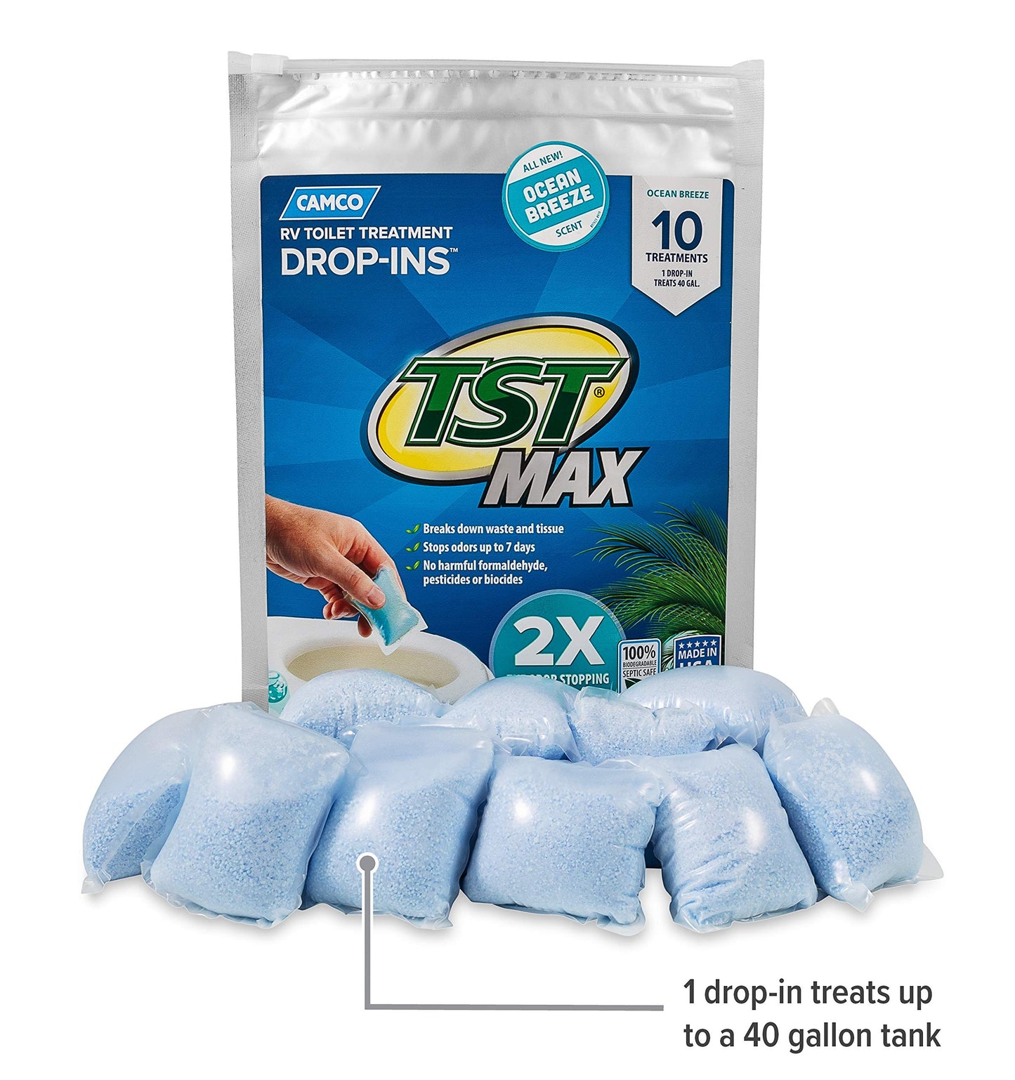 Camco TST MAX RV Toilet Treatment Drop-INs - Control Unwanted Odors & Break Down Waste and Tissue - Safe Septic Tank Treatment - Orange Scent, 30-Pack (41183)