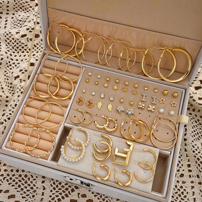 42 Paar goldene Creolen für Damen, Modisches klobiges Perlenohrring-Multipack, gedrehter Statement-Ohrring-Pack, hypoallergene kleine große Creolen für Geburtstagsfeiern (Gold-42 Paare)