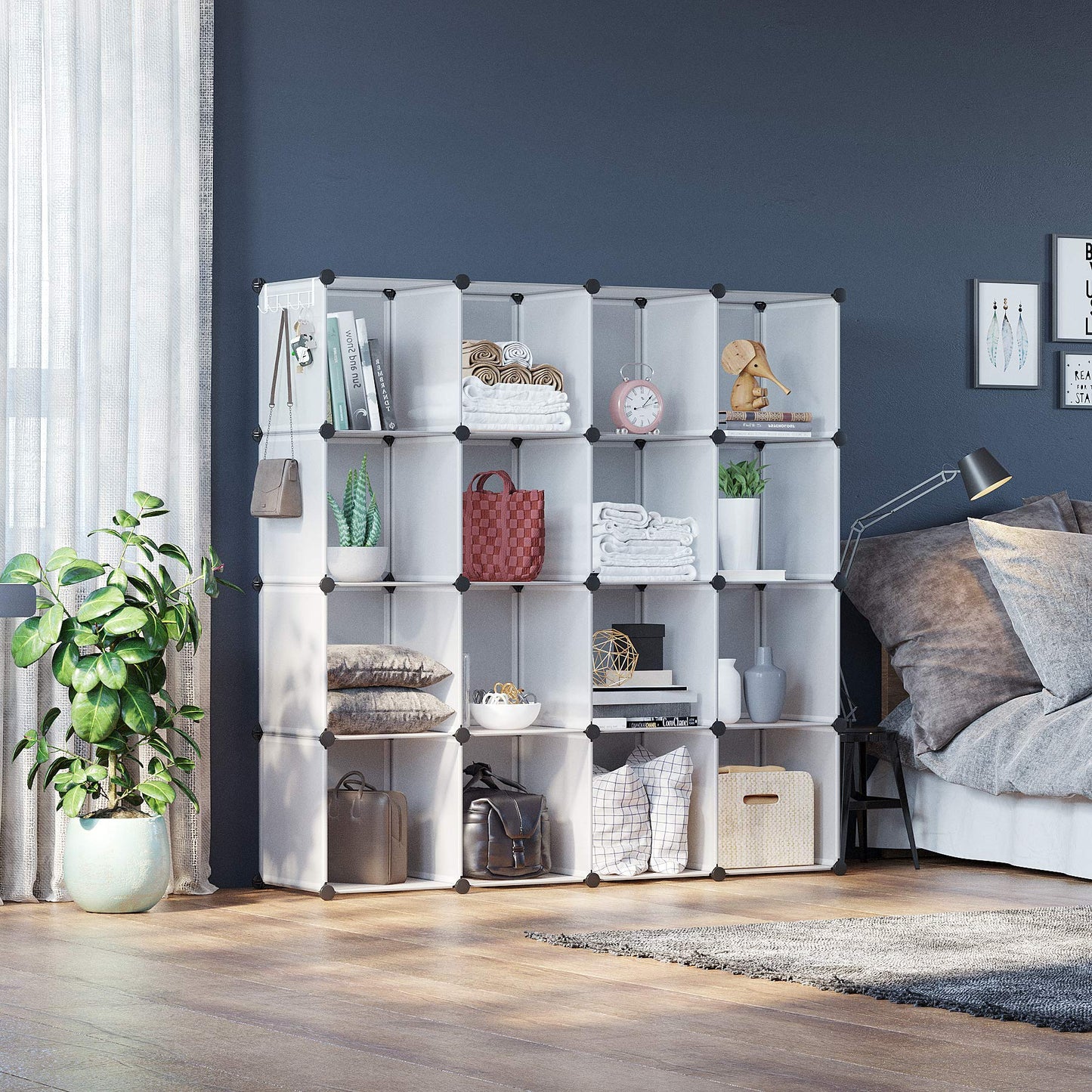 C&AHOME Cube Storage Organizer, 16-Cube Shelves Units, Plastic Storage Cubes, DIY Closet Organizer, Modular Closet Storage Shelves Ideal for Home, Bedroom, 48.4" L × 12.4" W × 48.4" H Black SUM3016H