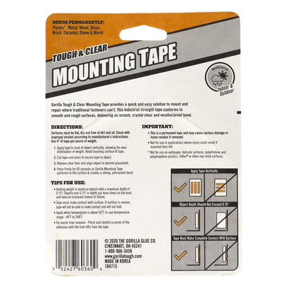 Gorilla Tough & Clear Double Sided Mounting Tape, Hanging, Instant 15lb Strong Hold, Permanent Bond, Weatherproof, 1 in x 60 in, Clear, (Pack of 1), 6065101 (Packaging May Vary)
