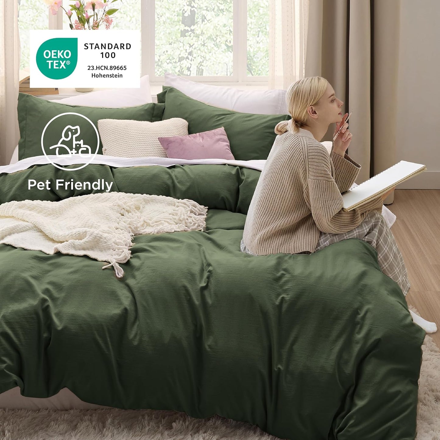 Funda nórdica blanca Bedsure, tamaño Queen, 3 piezas, aspecto de algodón prelavado, juego de cama extrasuave, incluye 1 funda nórdica de 228 x 228 cm con cierre de cremallera y 2 fundas de almohada, edredón no incluido