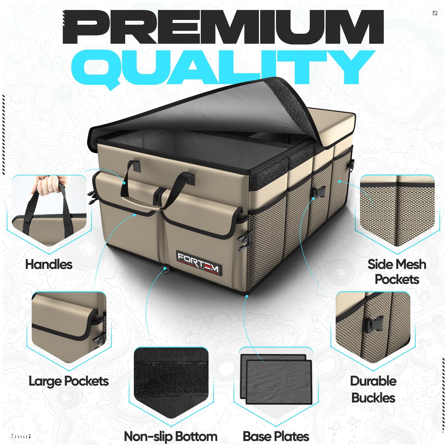 FORTEM Car Trunk Organizer, Collapsible Multi Compartment Car Organizer, Foldable SUV Storage for Car Accessories for Women Men, Non Slip Bottom, Securing Straps, Soft Cover 50L (Black, Standard)