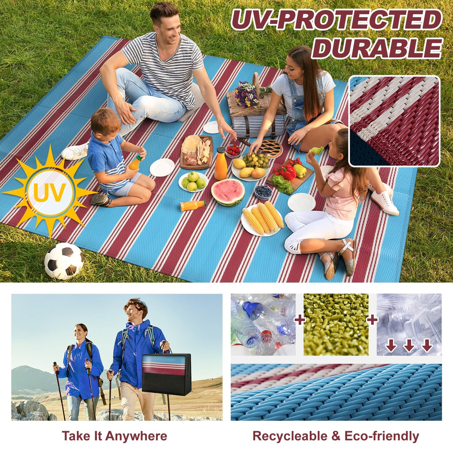 Lahome Outdoor Rugs 8x10 Waterproof, Reversible Outdoor Plastic Straw Rug for Camping Patio, RV Outdoor Rugs Outside, Outdoor Carpet for Porch Deck Backyard Picnic(Blue/Yellow,8'x 10')