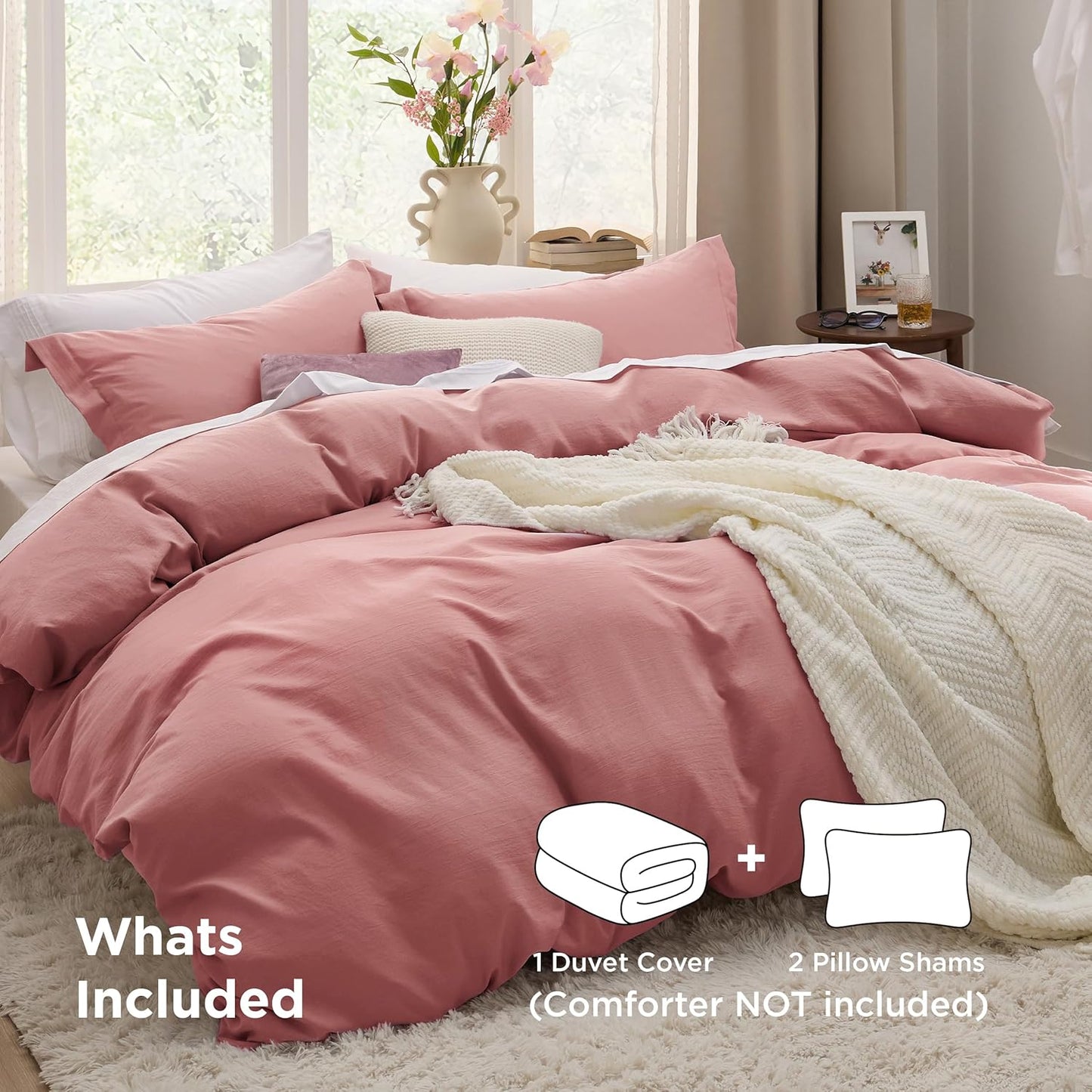 Funda nórdica blanca Bedsure, tamaño Queen, 3 piezas, aspecto de algodón prelavado, juego de cama extrasuave, incluye 1 funda nórdica de 228 x 228 cm con cierre de cremallera y 2 fundas de almohada, edredón no incluido