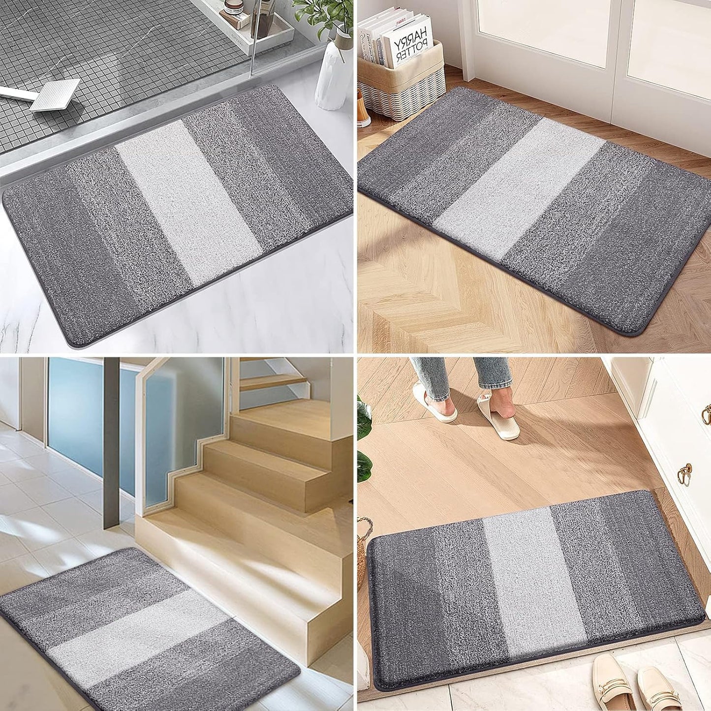 Grandaily Fußmatte für Innenbereich, 50 x 80 cm, rutschfest, Schmutzfänger, saugfähig, für die Haustür, waschbar, gestreift, für den Innenbereich, flach, Willkommensmatte, Eingangsmatte, Grau