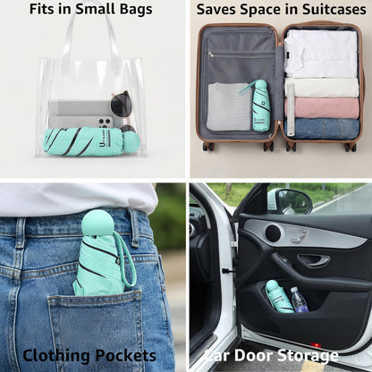 BAODINI Reiseutensilien Mini-Regenschirm für die Handtasche mit Etui Klein Kompakt UV-Sonnenschutz Leicht Winzig Tasche Manuelles Öffnen und Schließen Regenschirm für Damen, Kinder und Herren Passt in Handtasche Rucksack