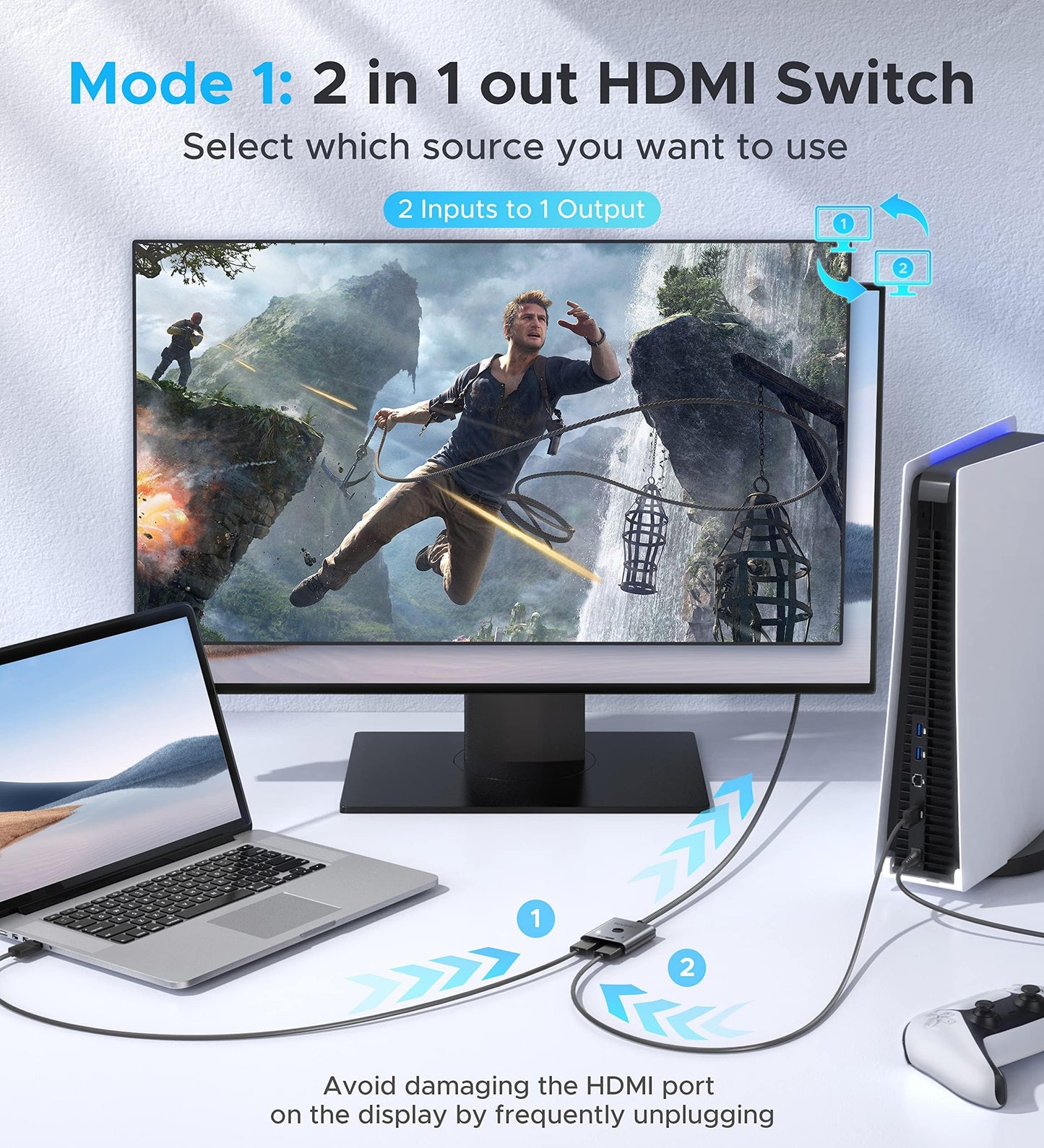 HDMI-Umschalter 2 Eingänge 1 Ausgang 4K@60Hz, WARRKY [mit 1m festem geflochtenen HDMI-Kabel, Aluminiumgehäuse, 2K@144Hz, HDCP 2.2] Bidirektionaler 2x1 Switcher Splitter kompatibel mit PS5/4, Xbox, Roku, FireStick, Switch
