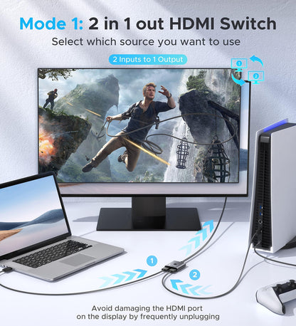 HDMI-Umschalter 2 Eingänge 1 Ausgang 4K@60Hz, WARRKY [mit 1m festem geflochtenen HDMI-Kabel, Aluminiumgehäuse, 2K@144Hz, HDCP 2.2] Bidirektionaler 2x1 Switcher Splitter kompatibel mit PS5/4, Xbox, Roku, FireStick, Switch