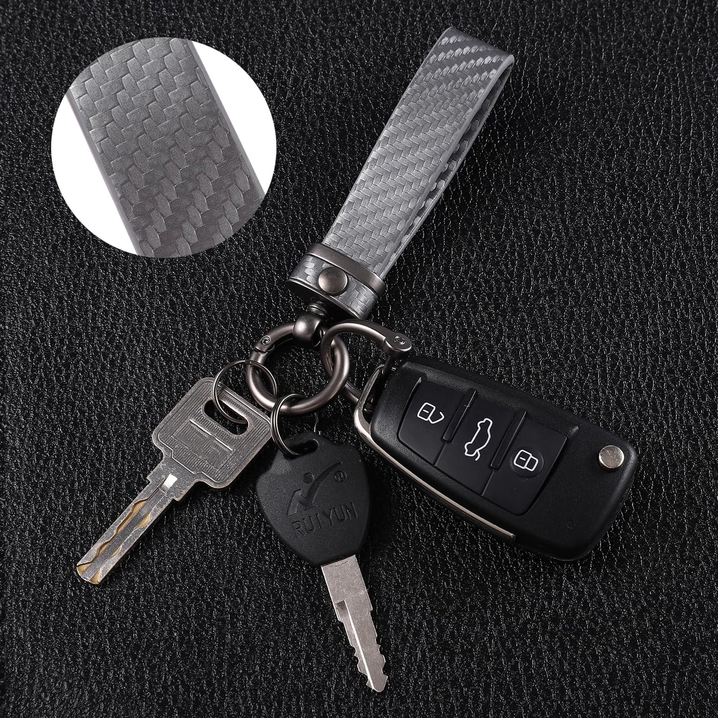 DEKEWEI Carbon Fiber Style Auto-Schlüsselanhänger aus Mikrofaser-Leder, universelle Schlüsselanhänger für Schlüssel-Fobs für Männer und Frauen, 360 Grad drehbar mit Anti-Verlust-D-Ring (Schwarz)