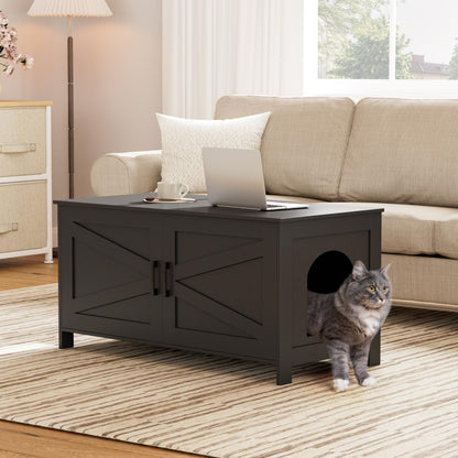 Homhedy Cat Litter Box Enclosure, Wooden Cat Washroom Furniture with Barn Door, Pet House, Fit Most of Litter Box, White