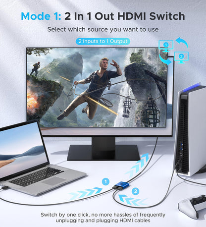 HDMI-Umschalter 2 Eingänge 1 Ausgang 4K@60Hz, WARRKY [mit 1m festem geflochtenen HDMI-Kabel, Aluminiumgehäuse, 2K@144Hz, HDCP 2.2] Bidirektionaler 2x1 Switcher Splitter kompatibel mit PS5/4, Xbox, Roku, FireStick, Switch