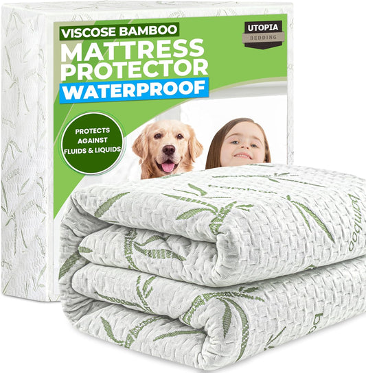 Utopia Bedding Waterproof Mattress Protector Queen Size, Bamboo Viscose Mattress Cover 200 GSM, Fits 17 Inches Deep, Breathable, Fitted Style with Stretchable Pockets