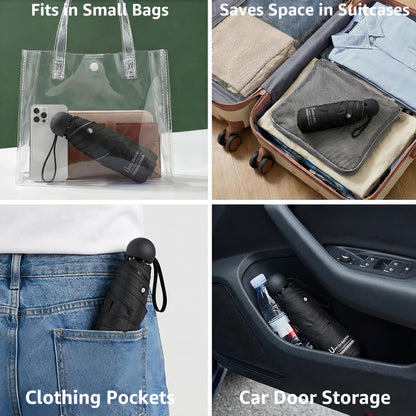 BAODINI Reiseutensilien Mini-Regenschirm für die Handtasche mit Etui Klein Kompakt UV-Sonnenschutz Leicht Winzig Tasche Manuelles Öffnen und Schließen Regenschirm für Damen, Kinder und Herren Passt in Handtasche Rucksack