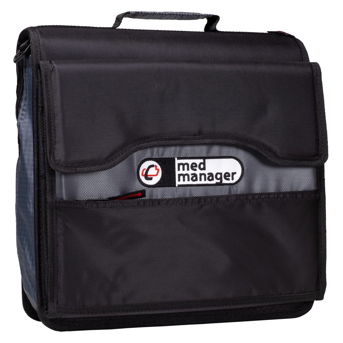 Med Manager Medicine Organizer and Portable Medical Binder, Holds (15) Pill Bottles - (11) Standard Size and (4) Large Bottles, Includes Removable 5-Tab File Folder, Black, 14 x 14 x 4 inches