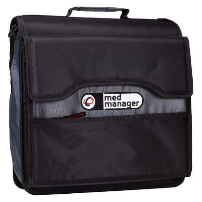Med Manager Medicine Organizer and Portable Medical Binder, Holds (15) Pill Bottles - (11) Standard Size and (4) Large Bottles, Includes Removable 5-Tab File Folder, Black, 14 x 14 x 4 inches