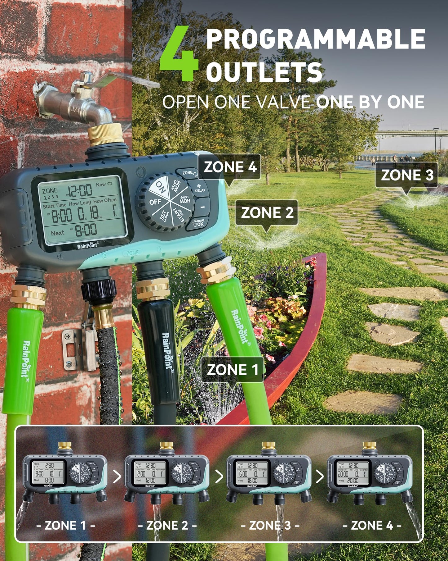 RAINPOINT 4-Zone Sprinkler Timer, 2027 New Version 4 Outlets Hose Water Timer, Automatic Irrigation Controller with Rain Delay & Manual Mode for Lawn & Garden Irrigation