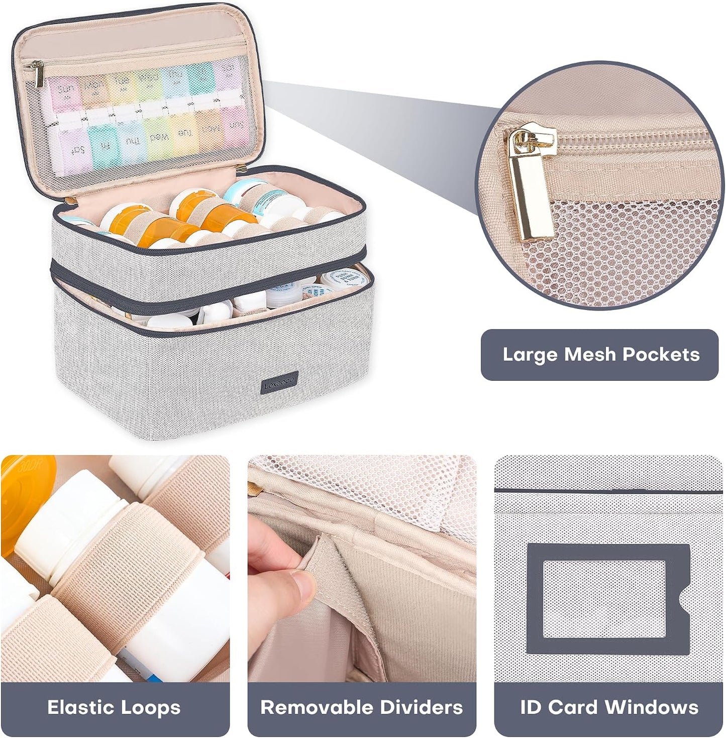 Lexeeco Medicine Bag for Traveling, Dual Layers Medicine Pill Organizer Medication Pill Bottle Storage with Lockable Zipper, Medical Supplies First Aid Kit,Home Storage for Pills, Vitamins (Dark Grey)