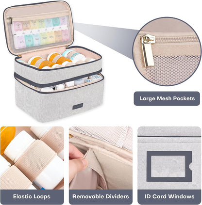 Lexeeco Medicine Bag for Traveling, Dual Layers Medicine Pill Organizer Medication Pill Bottle Storage with Lockable Zipper, Medical Supplies First Aid Kit,Home Storage for Pills, Vitamins (Dark Grey)