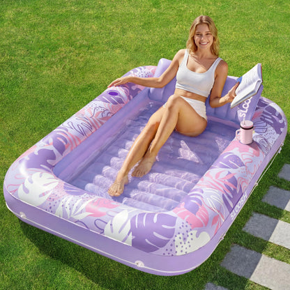 SLOOSH Inflatable Tanning Pool Lounger Float, 85" x 57" Extra Large Pool Floats Adult with Pillow, 4 in 1 Suntan Tub Raft Floatie,Sunbathing Bed Lounge for Water Blow Up Ball Pit Party Gifts, XL-Blue