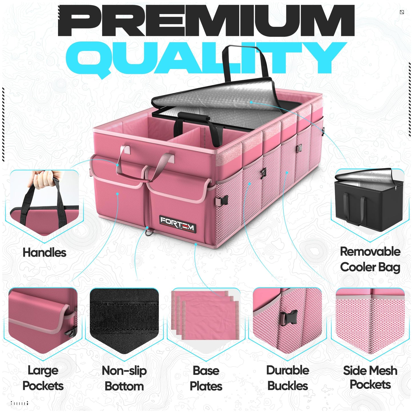 FORTEM Car Trunk Organizer, Collapsible Multi Compartment Car Organizer, Foldable SUV Storage for Car Accessories for Women Men, Non Slip Bottom, Securing Straps, Soft Cover 50L (Black, Standard)